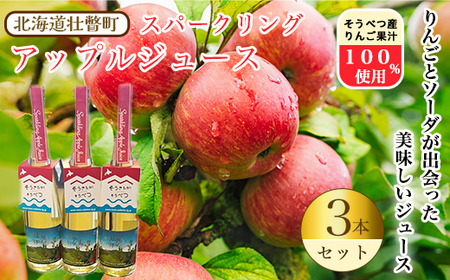 スパークリングアップルジュース3本セット ※そうべつ産りんご100%使用