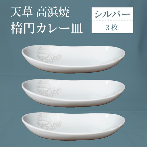 S026-159_天草 高浜焼 楕円カレー皿 ３枚（シルバー）