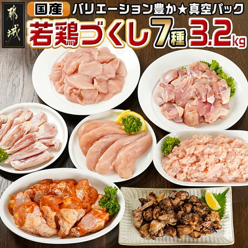 国産若鶏づくし7種セット!総重量3.2kg!〔13-L902〕_(都城市) 国産若鶏 真空 ももみ むねみ ささみ チキンバー むねミンチ 味付手羽元 若鶏塩焼き 高タンパク 低カロリー!