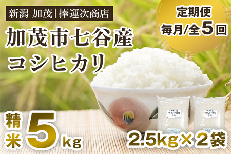 【令和6年産米】【定期便5ヶ月毎月お届け】七谷産コシヒカリ 精米5kg（2.5㎏×2袋） 白米 捧運次商店 定期便
