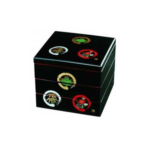 紀州漆器 三段重箱 黒 丸に松竹梅(内朱塗) [YS19]