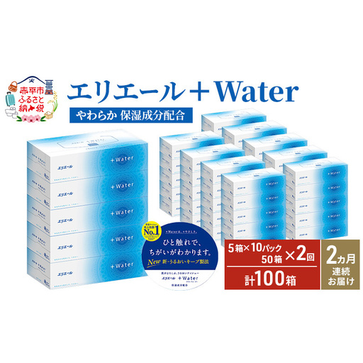 【2ヶ月連続お届け・計100箱】エリエール ＋Water 180組 5箱×10パック ティッシュペーパー 箱ティッシュ ボックスティッシュ 日用品 消耗品 保湿成分配合 やわらか 定期便