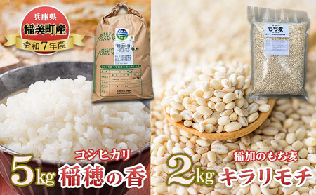 米セット コシヒカリ 稲穂の香 5kg 稲加のもち麦 キラリモチ 2kg セット 詰め合わせ 米 精米 白米 お米 こめ コメ 最高級米 ご飯 ごはん もち麦 国産 大麦 食物繊維 低糖質 高タンパク 健康 健康食品 ダイエット 兵庫県産 兵庫 兵庫県 稲美町