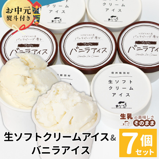 お中元 熨斗対応✿搾りたて生乳使用！生ソフトクリーム＆バニラアイス 7個入り お祝い アイスクリーム アイス ソフトクリーム お中元  根羽村 ネバーランド 6000円