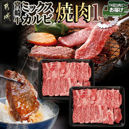 宮崎牛ミックスカルビ焼肉500g×2≪みやこんじょ快速便≫〔AC-8916-R〕_(都城市) 宮崎県産宮崎牛 ミックスカルビ焼肉 ウデ/バラ/肩ロース/モモ いずれか2部位 冷凍配送