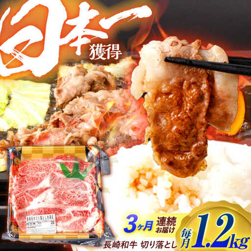 [3回定期便]長崎和牛 切り落とし 1.2kg(400g×3)肩ロース・モモ・カタ・バラ使用 / 牛肉 ぎゅうにく 肉 和牛 国産牛 切落し?/ 諫早市 / 西日本フード株式会社長崎和牛 [AHAV025]
