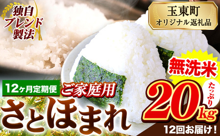 【12ヶ月定期便】熊本県産 さとほまれ 無洗米 ご家庭用 定期便 20kg 《お申込み翌月から出荷》熊本県 玉名郡 玉東町 米 こめ コメ ブレンド米 送料無料｜人気米 熊本県産米 お米 生活応援米