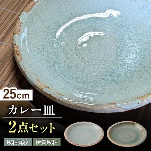 【瀬戸焼】　灰釉25cm カレー皿 ペア (灰釉丸紋・伊賀灰釉)【山長陶苑】 / 焼き物 カレー パスタ 平皿 皿 [BBBH015]
