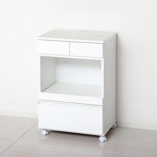 コンパクトレンジワゴン キッチンワゴン 約幅55×奥行40×高さ82cm ホワイト スライドトレー付き 引き出し付き コンセント付き キャスター付き 大理石調メラミンシート天板 AKU104405002