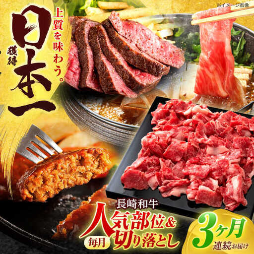 [全3回定期便]長崎和牛 切り落とし+人気部位 セット 総計約4kg