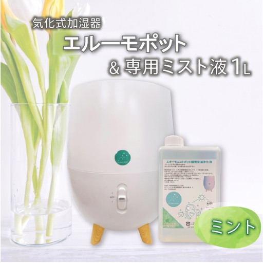 加湿器 気化式「エルーモポット＆ 専用 ミスト 液 1L（ ミント ）」