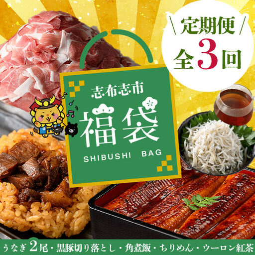 【定期便全３回】志布志市福袋！鰻とおかずいろいろセット(霧島湧水鰻2尾＆釜揚げちりめん＆黒豚ウデ切り落とし＆ウーロン紅茶＆角煮飯) ウナギ 蒲焼 2尾 鰻重 うな丼 黒豚 しらす ちりめんじゃこ バラエティ 食べ比べ t0084-015