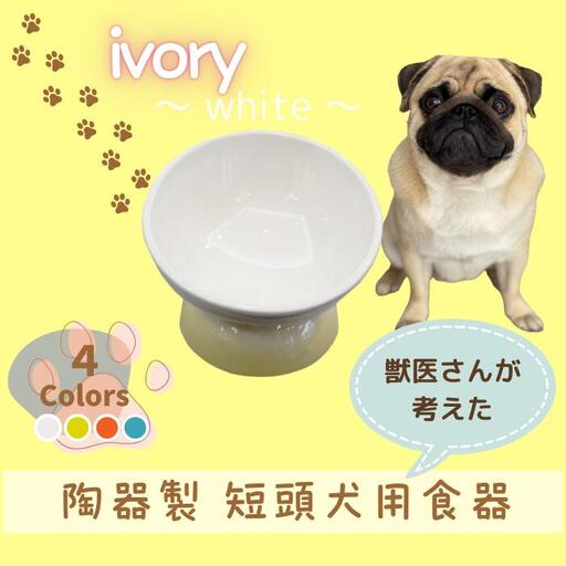 ペット用品 ペット 餌入れ「陶器製 短頭犬用食器」ホワイト ペットフードボウル エサ入れ えさ入れ食器 皿 犬 猫 犬用食器 猫用食器 小型用ペットフードボウル 軽量ペットフードボウル アイボリー 536137 10-092