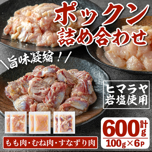 i1038 南国元気鶏のポックン詰め合わせ[ガーリックソルト](合計600g・100g×各2P) ポックン 南国元気鶏 鶏肉 とり 腿肉 胸肉 砂ずり にんにく 岩塩 ピンクソルト おかず おつまみ 惣菜 焼くだけ 冷凍 [慶尚園]