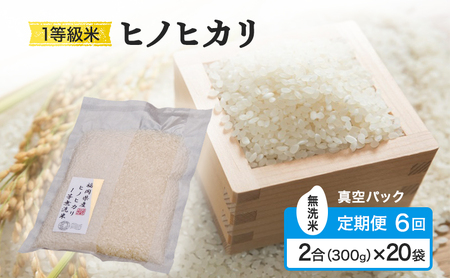 ヒノヒカリ 1等級米 真空パック 無洗米 福岡県産 ヒノヒカリ【2合(300g)×20袋】【定期便6回】