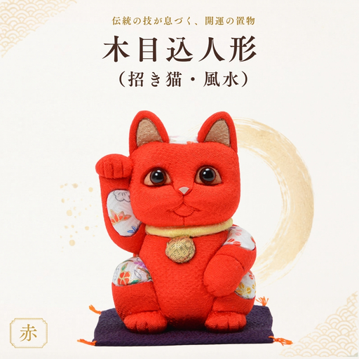 木目込人形（招き猫・風水（中）赤） | まねきねこ 猫 飾り物 人形 置物 ちりめん 伝統工芸 縁起 開運招福 千客万来 商売繁盛 金運 インテリア プレゼント 雑貨 可愛い 柿沼東光 クールジャパン The Wonder 500 埼玉県 越谷市