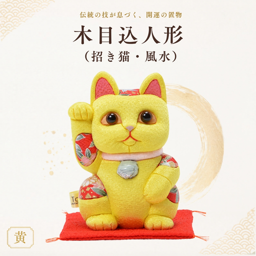 木目込人形（招き猫・風水（中）黄） | まねきねこ 猫 飾り物 人形 置物 ちりめん 伝統工芸 縁起 開運招福 千客万来 商売繁盛 金運 インテリア プレゼント 雑貨 可愛い 柿沼東光 クールジャパン The Wonder 500 埼玉県 越谷市