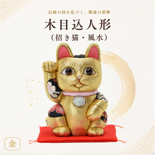 木目込人形（招き猫・風水（中）金） | まねきねこ 猫 飾り物 人形 置物 ちりめん 伝統工芸 縁起 開運招福 千客万来 商売繁盛 金運 インテリア プレゼント 雑貨 可愛い 柿沼東光 クールジャパン The Wonder 500 埼玉県 越谷市