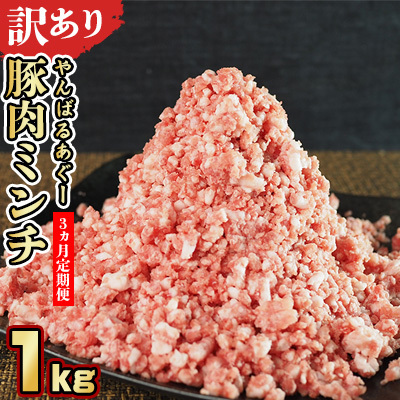 【3ヵ月定期便】【訳あり】あぐー豚肉ミンチ 1kg（500g×2パック） 簡易包装シリーズ【白豚あぐー】 訳アリ 豚 ミンチ 簡易包装 SDGS ハンバーグ あぐー 名護市 銘柄豚肉 豚ひき肉 餃子 おかず 食品 国産豚 うまみ 冷凍 真空パック 2パック 2袋 やんばる