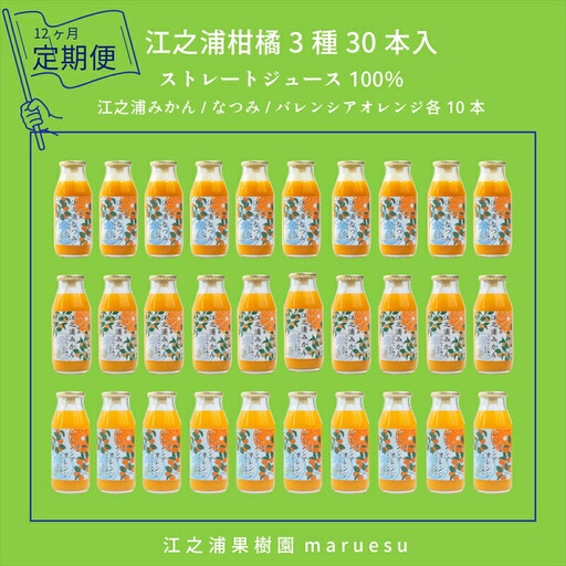 【定期便 12回】 小田原産江之浦みかんジュース３種のみくらべ３０本セット うんしゅう・なつみ・バレンシアオレンジ１００％ストレートジュース１８０ml各１０本合計３０本【みかんジュース みかんジュース 神奈川県 小田原市 】