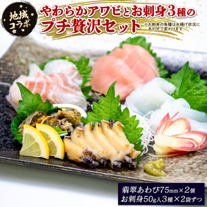 【地域コラボ】 やわらかアワビとお刺身3種のプチ贅沢セット あわび お刺身 セット スチーム ボイル 贅沢 鮑 Abalone ステーキ 正月 お正月 おせち 刺し身 刺身 食べ比べ 