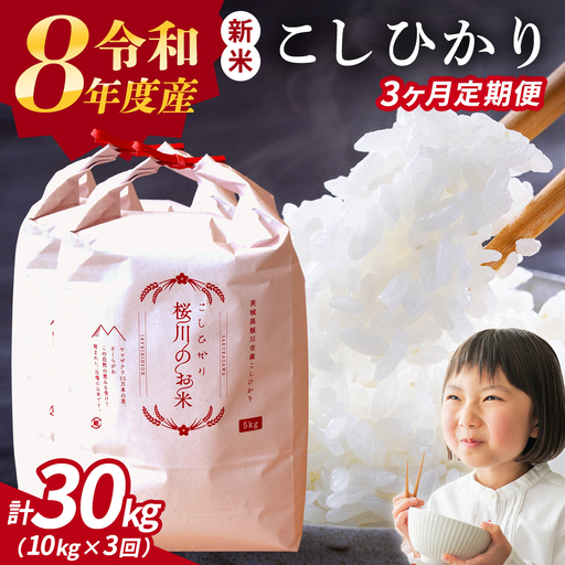 《 令和8年産 》 全3回 定期便 桜川市産 こしひかり 10kg × 3回 新米 先行予約 3ヶ月 茨城県 桜川市 米 お米 白米 コメ ごはん 精米 コシヒカリ 国産 限定 銘柄米 [SC053sa]