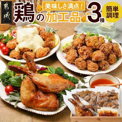 美味しさ満点!鶏の加工品3種セット〔AA-4403〕_(都城市) 電子レンジで簡単調理 塩麹唐揚げ/チキン南蛮/鶏の照焼き 3種のおかずセット 電子レンジ お惣菜 骨付き肉 国産若鶏 鶏肉加工品 からあげ 照り焼き 冷凍食品