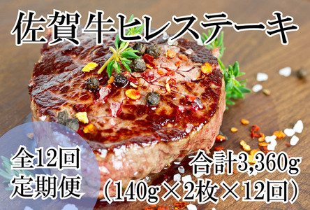 DP061_毎月お届け！全12回定期便♪総量3360g佐賀牛ヒレステーキ280g(140ｇ×2枚)