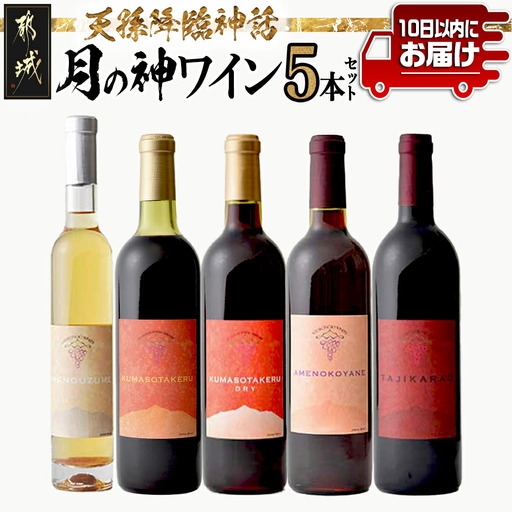 天孫降臨神話・月の神 ワイン5本セット ≪みやこんじょ特急便≫〔20-023-Q〕_ (都城市) 赤ワイン (720ml・750ml) 4種 白ワイン(375ml) 1種 合計5本 極甘口 やや甘口 11度 12度 13度 14度 辛口 お酒 地酒 果実酒 ぶどう酒 葡萄酒