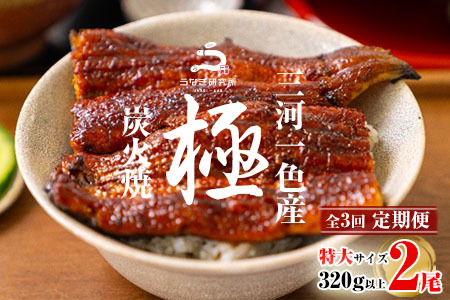 [期間限定][定期便]三河一色産 うなぎ蒲焼特大2尾(計320g以上)×3回 国産 鰻 愛知・R013-51