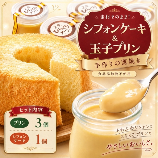手作りの窯焼き 無添加 シフォンケーキ&玉子プリンの3個セット