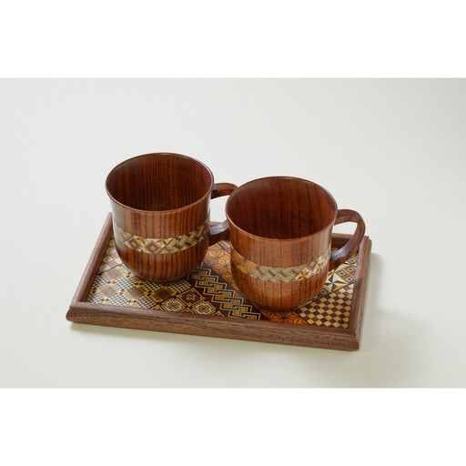 【箱根寄木細工　マグカップ2つと寄木盆のセット】伝統工芸品で素敵なひと時を