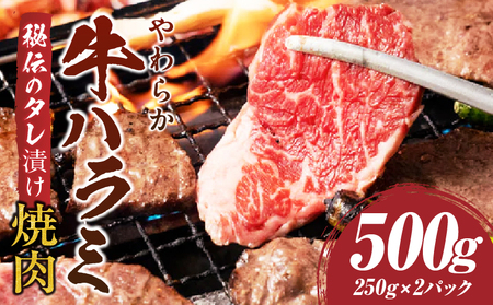やわらか牛ハラミ焼肉 秘伝のタレ漬け500g(250g×2P) | 牛肉 焼肉 タレ 漬け 秘伝 柔らかい 味付き やきにく ハラミ 希少 小分け 厚切り 冷凍 BBQ バーベキュー 香川県 三木町 国産 おすすめ |_mk146-025