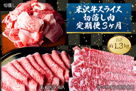 [定期便3ヶ月]合計約1.3kg!大場の「A5ランク」米沢牛が3ヶ月連続で届く!スライス・切落し肉定期便(ももスライス、サーロインスライス、切落し)