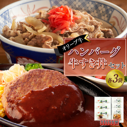 オリーブ牛　ハンバーグ3袋・牛すき丼3袋セット