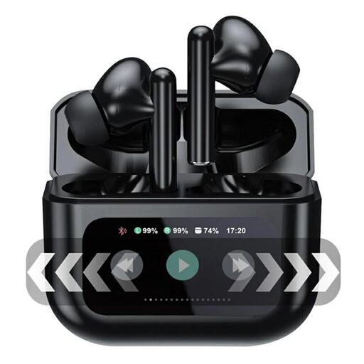 完全ワイヤレスイヤホン[ブラック]Bluetooth5.4 液晶搭載ケース カナル型 TWS 片耳/両耳 ENC ノイズリダクション ANC ノイズキャンセリング アンビエントサウンド マイク内蔵 クリア 高忠実度 ステレオサウンド 臨場感 ミニサイズ 超小型 快適装着 90日安心保証付き