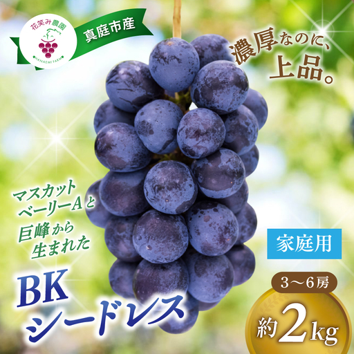 ぶどう 岡山県産 ぶどうBKシードレス家庭用2kg(3〜6房) [hana029-02]