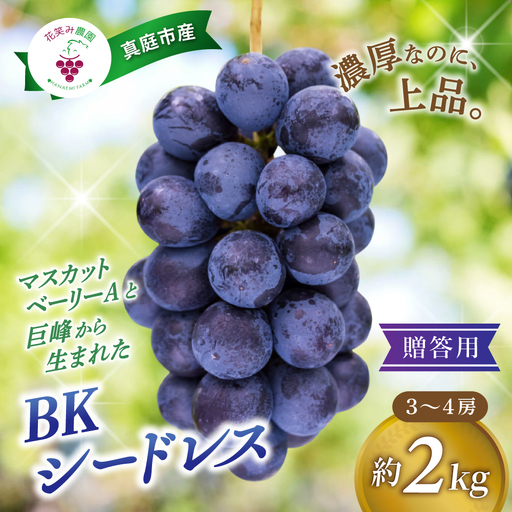 【2026年先行予約】ぶどう 岡山 花笑み農園の『BKシードレス』贈答用2kg（3～4房） 岡山 真庭 フルーツ 【hana038-02】
