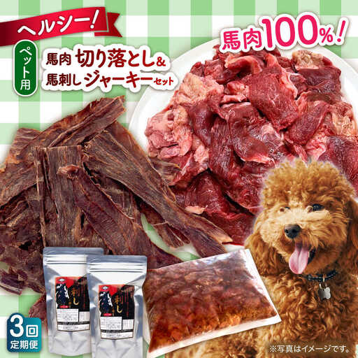 [全3回定期便]詰め合わせ 国内加工 ペット用 馬肉 切り落とし 1kg ペット用 馬刺しジャーキー 100g(50g×2) ペットフード 馬肉 [AYCT013]