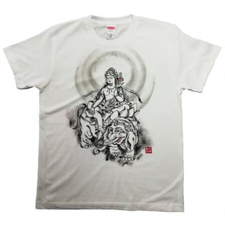 手描きTシャツ 仏画 普賢菩薩 白 (半袖 Mサイズ)【1615093】