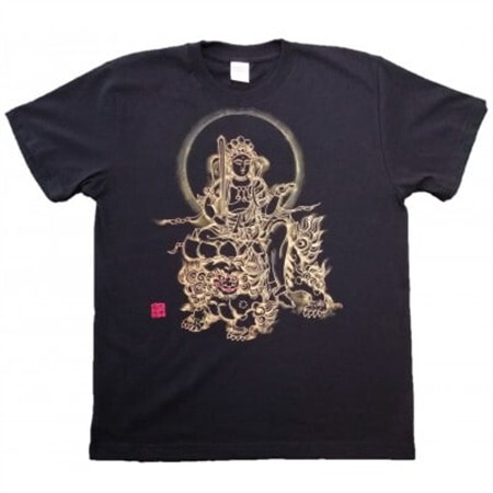 手描きTシャツ 仏画 文殊菩薩 黒 (半袖 Lサイズ)【1615178】