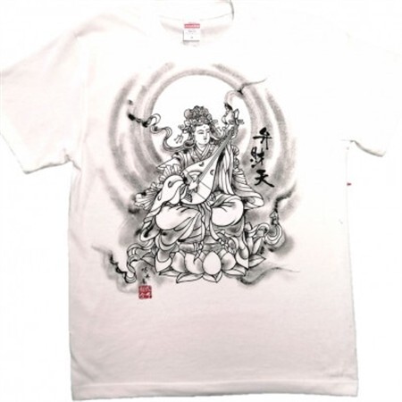 手描きTシャツ 仏画 弁財天 白 (半袖 Lサイズ)【1615617】