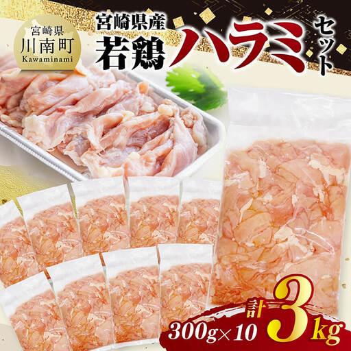 宮崎県産若鶏　ハラミ3kg（300g×10） 【 鶏肉 鶏 ハラミ 肉 宮崎県産 小分け パック 送料無料 】