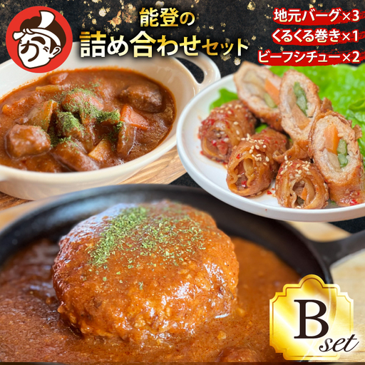 能登の詰め合わせセットB 煮込み ハンバーグ「地元バーグ」200g×3個、「ビーフシチュー」250g×2個、「能登豚のくるくる巻き」150g（3本入り）×1パック