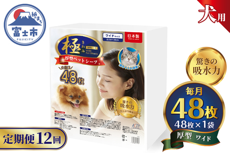 定期便 12回 ペットシーツ 【極】シリーズ 厚型ワイド 48枚 ペット用 犬用 猫用 トイレシーツ 日用品 ペット用品 防災 備蓄 消耗品 ドッグ キャット わんちゃん ねこちゃん 静岡県 富士市 [sf077-145]