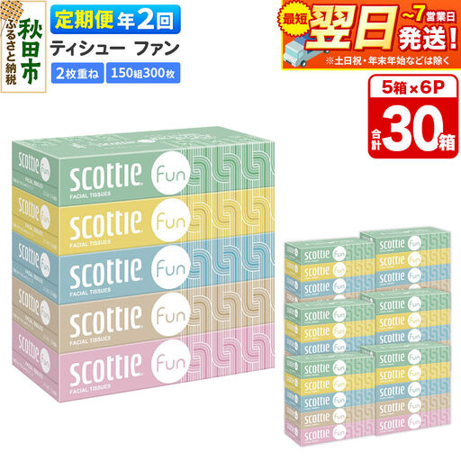 《6ヶ月ごとに2回お届け》定期便 ティッシュペーパー スコッティ ティシュー ファン 150組 5箱×6パック 秋田市オリジナル 最短翌日発送