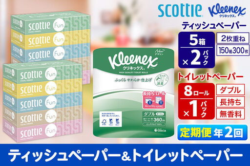《6ヶ月ごとに2回お届け》定期便 クリネックス トイレットペーパー 長持ちロール ダブル 8ロール×1パック ＆ ティッシュペーパー スコッティ ファン 150組 5箱×2パック 秋田市オリジナル 新生活