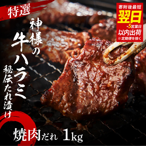 特選神様の牛ハラミ 秘伝たれ漬け 1kg（焼肉だれ2p）