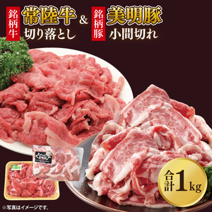 美明豚小間切れ&常陸牛切り落とし 計1kg(各約500g×1)|肉 お肉 牛肉 肉類 牛肉 常陸牛 美明豚 切り落とし 小間切れ セット アソート ブランド 使い切り 少量 茨城県 行方市(DH-32)