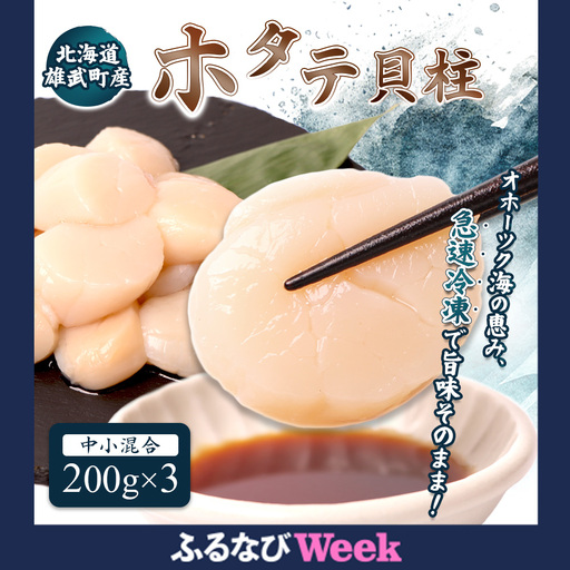 [ふるなびWEEK対象]北海道雄武町産ほたて貝柱 中小混合 200g×3 (冷凍) 使い切りパックFN-Limited-PR